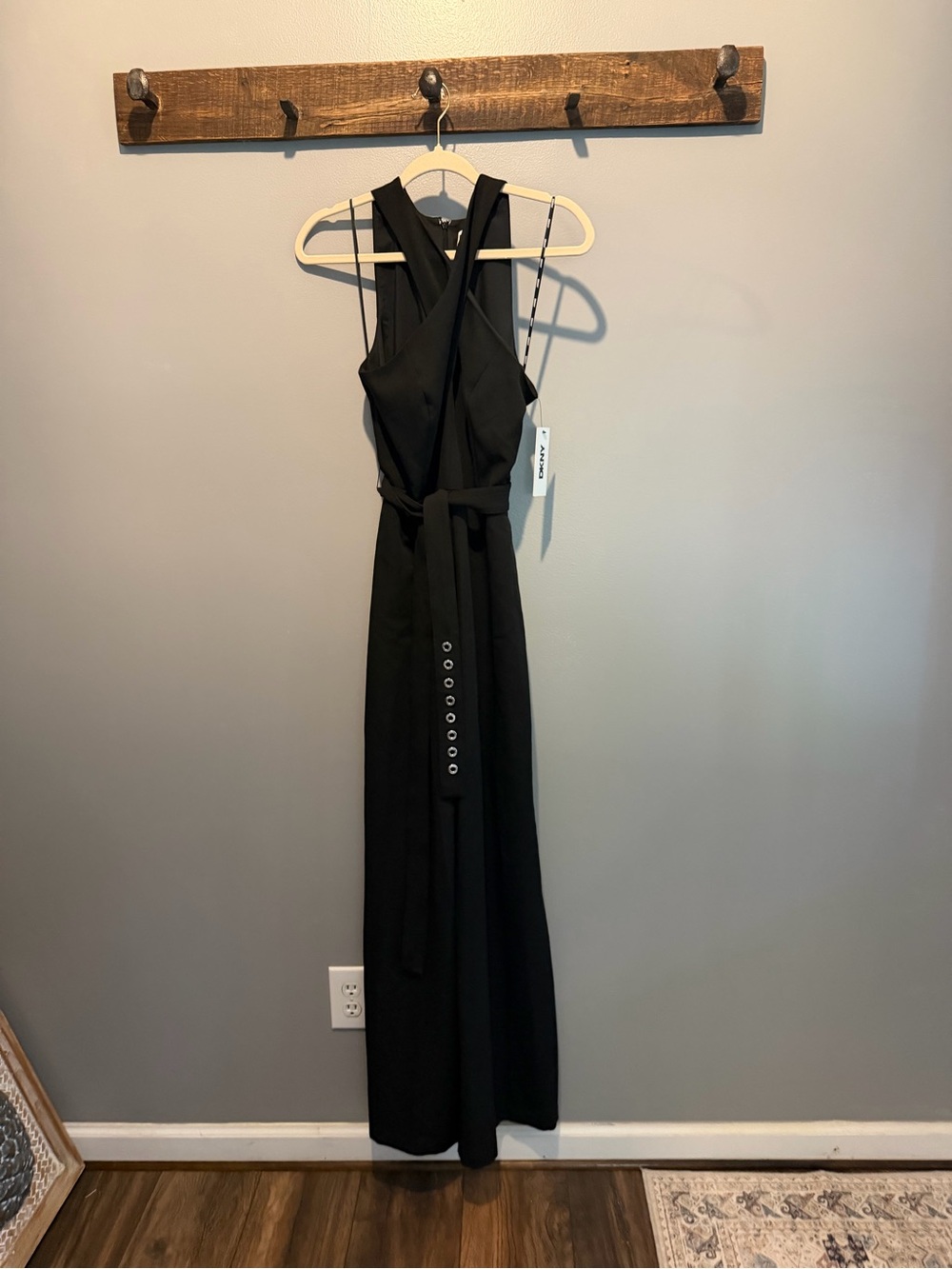 DKNY Black Cross-Back Maxi Jumpsuit with Eyelet Tie